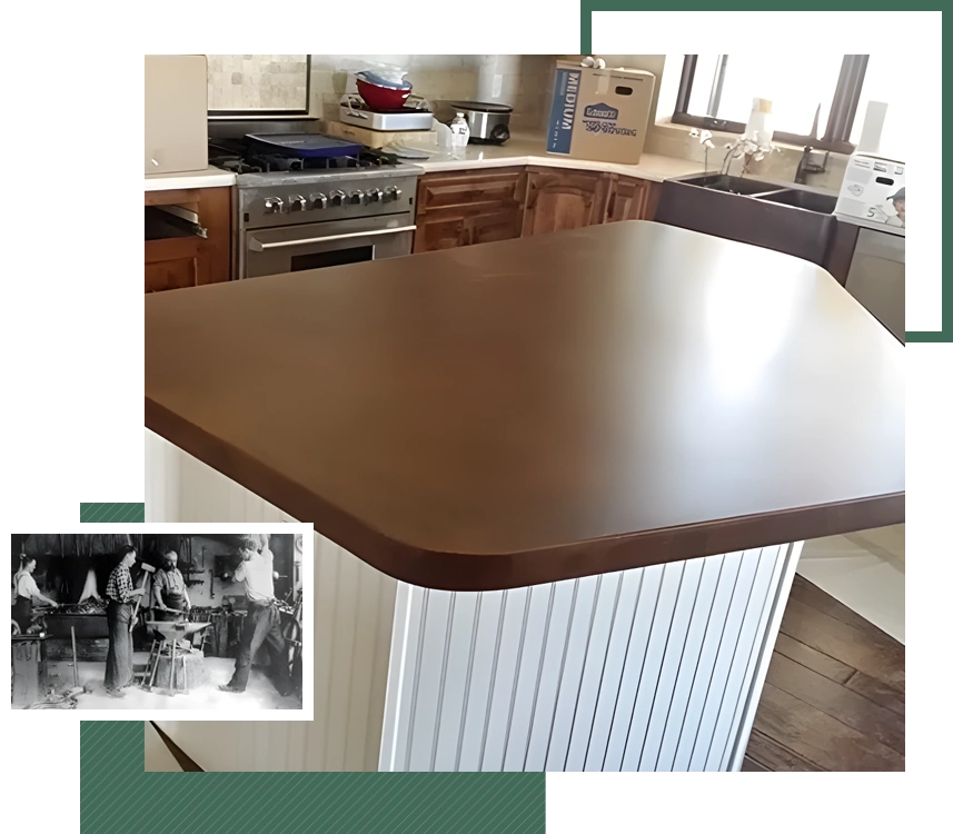 A kitchen with an island and wooden counter top.