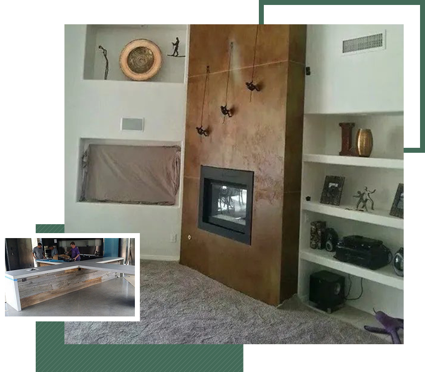 A room with a fireplace and shelves in it