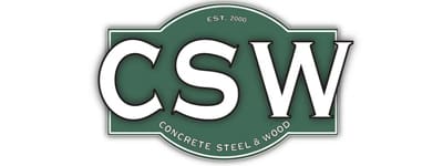 A green and white logo of concrete steel & wood